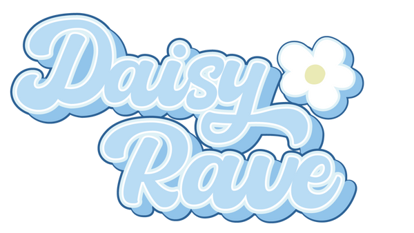 Stylized text 'Daisy Rave' with a daisy flower icon on a white background